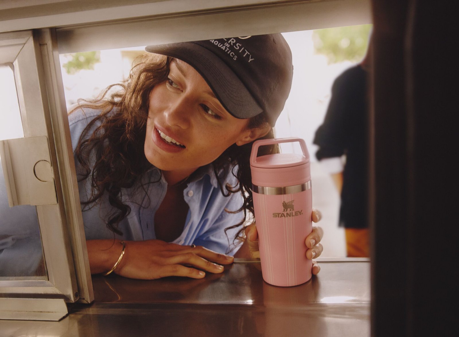 Stanley Café To-Go Travel Mug in Peach Rose Picnic Stripe.