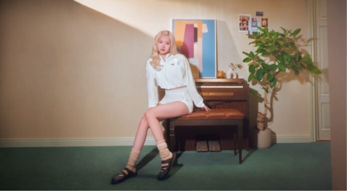 ROSÉ wearing PUMA’s black Speedcat Mule in a campaign image for the new slip-on silhouette