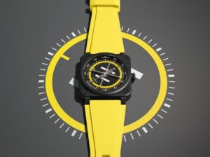 Bell & Ross BR-03 Helipad watch on helipad-inspired graphic background