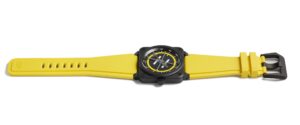 Side profile of the Bell & Ross BR-03 Helipad on yellow strap
