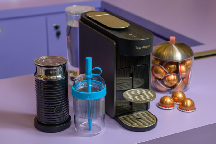 nespresso-vertuo-up-machine-accessories Nespresso Vertuo Up machine in Graphite with Aeroccino3, Blue Bottle travel tumbler and Vertuo capsules